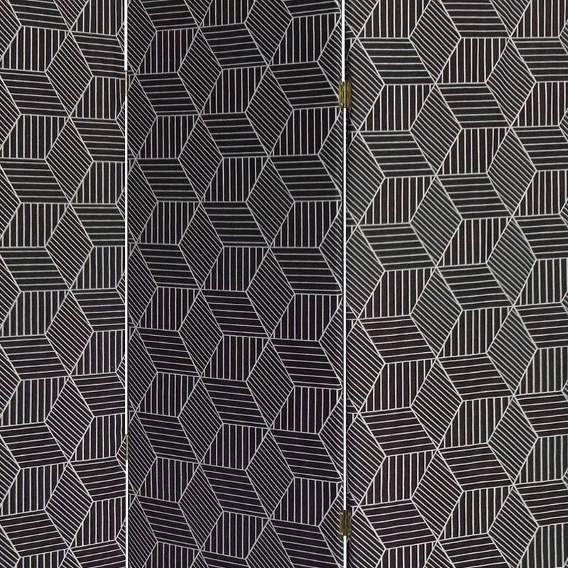 71" 3 Panel Fabric Room Divider with Geometric Print Black - Benzara