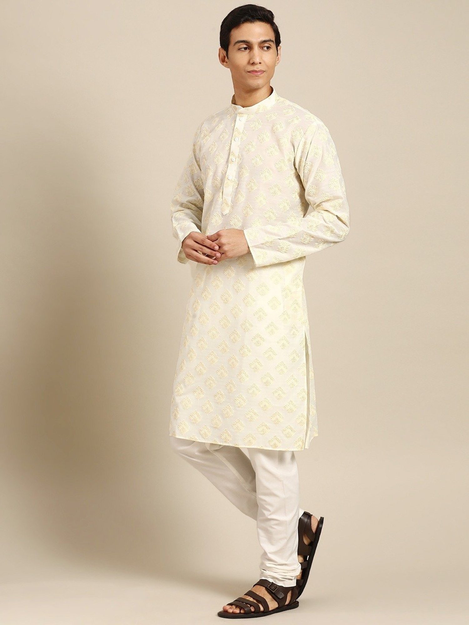 ManQ Cream Regular Fit Printed Kurta Bottom Set