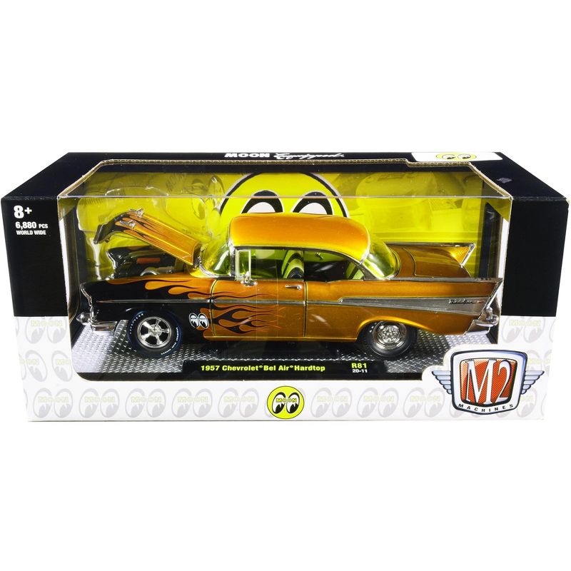 1957 Chevrolet Bel Air Hardtop "Mooneyes" Liquid Gold with Black Flames Ltd Ed 6880 cs 1/24 Diecast Model Car by M2 Machines