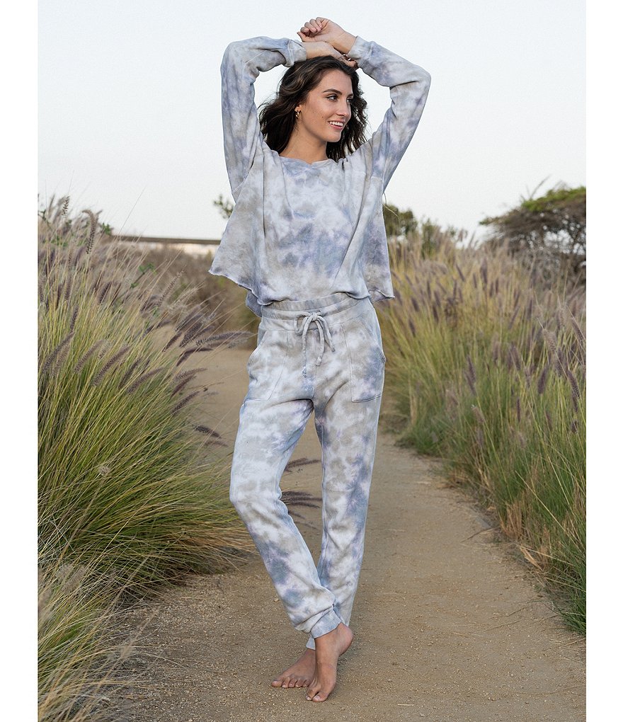 JALA Tie-Dye French Terry Cropped Coordinating Crew Neck Long Sleeve Lounge Top