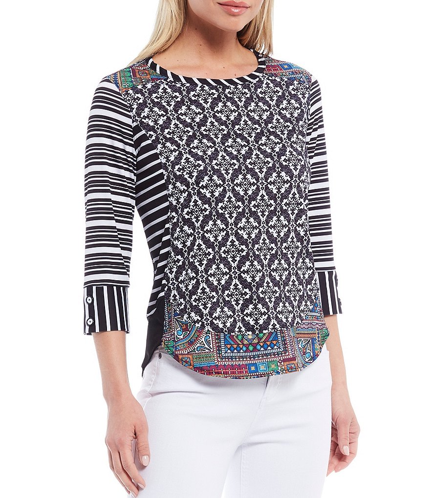 Multiples Petite Size Mixed Print 3/4 Sleeve Hi-Low Knit Top