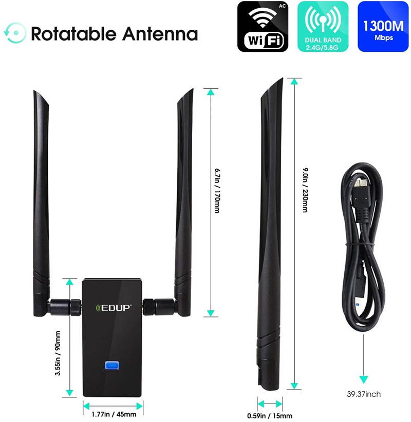 WiFi Adapter, USB 3.0 Wireless Adapter 802.11AC 1200Mbps Dual Band with 2.4G/5.8G 6DBI External Dual Antennas for PC Desktop Mac Windows