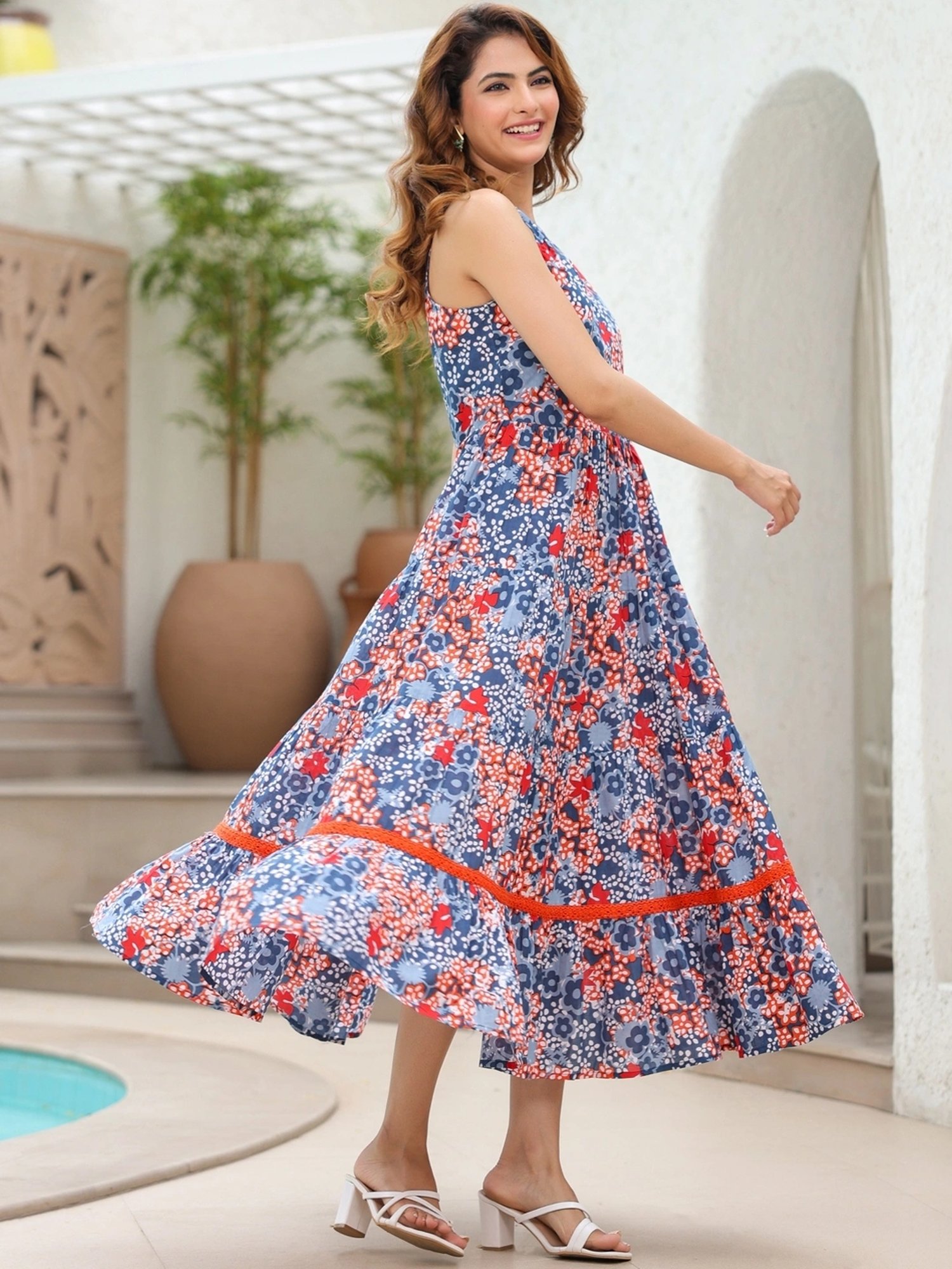Rain and Rainbow Blue & Red Cotton Floral Print A-Line Dress