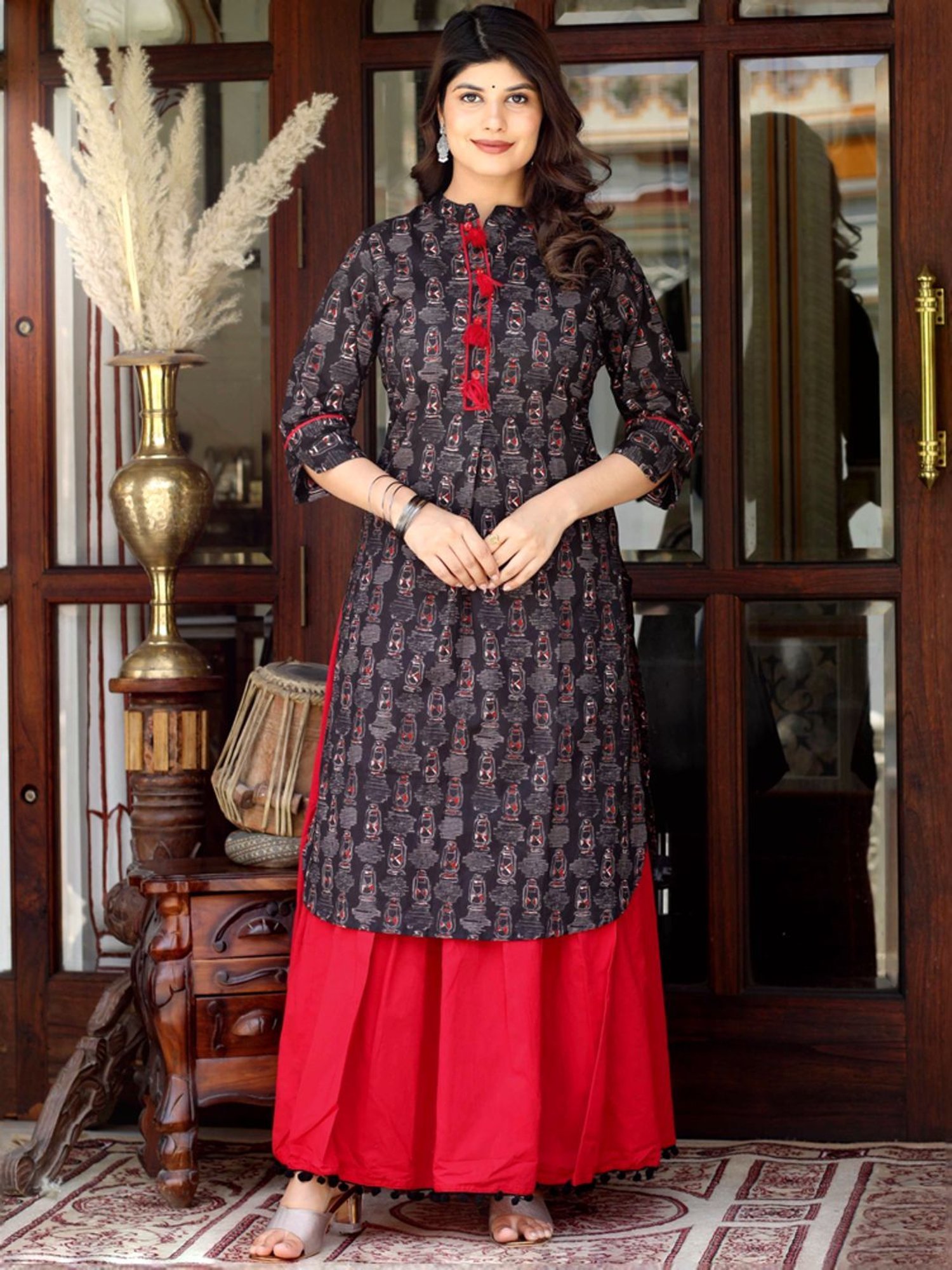 Miravan Black & Red Cotton Printed Kurta Skirt Set