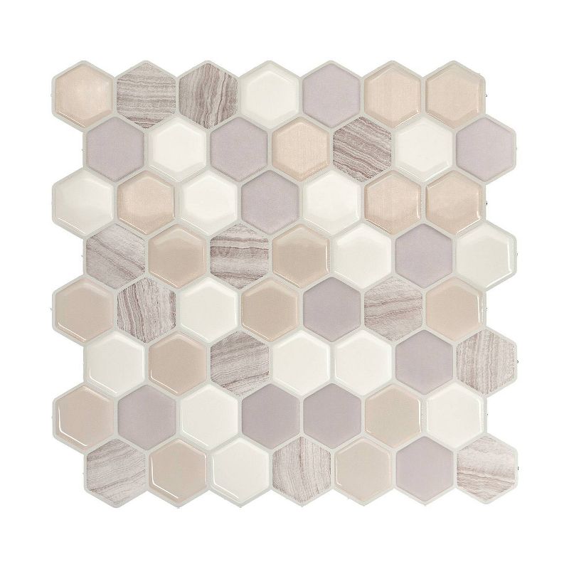 Smart Tiles 3D Peel and Stick Backsplash 4 Sheets of 9.76" x 9.35" Kitchen and Bathroom Wallpaper Hexagon Greige
