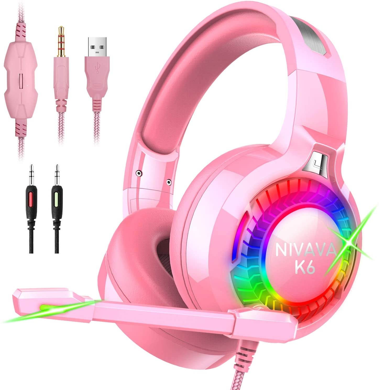 Nivava Gaming Headset for PS4, Xbox One, PC Headphones with Microphone LED Light Mic for Nintendo Switch PS5 Playstation Computer, K6