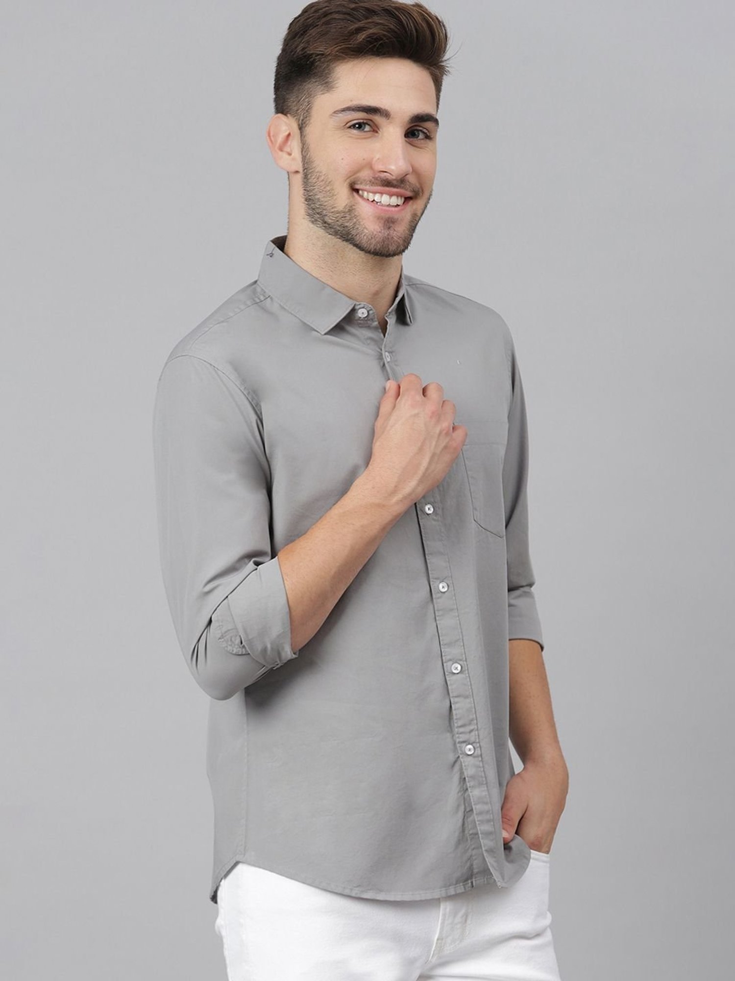 Dennis Lingo Grey Cotton Slim Fit Shirt