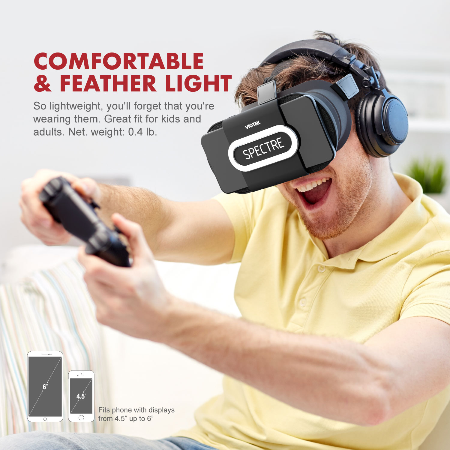VIOTEK Spectre VR Headset for Smartphones (4.5 to 6 Inches) | Foldable, Lightweight & Comfortable for eLearning, Virtual Tours, At-Home Students | Adjustable IPD & Single Capacitive Button