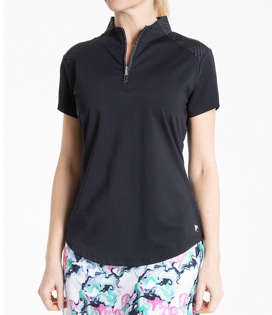 Bette & Court Short Sleeve Jacquard Print Block Funnel Neck Polo Top