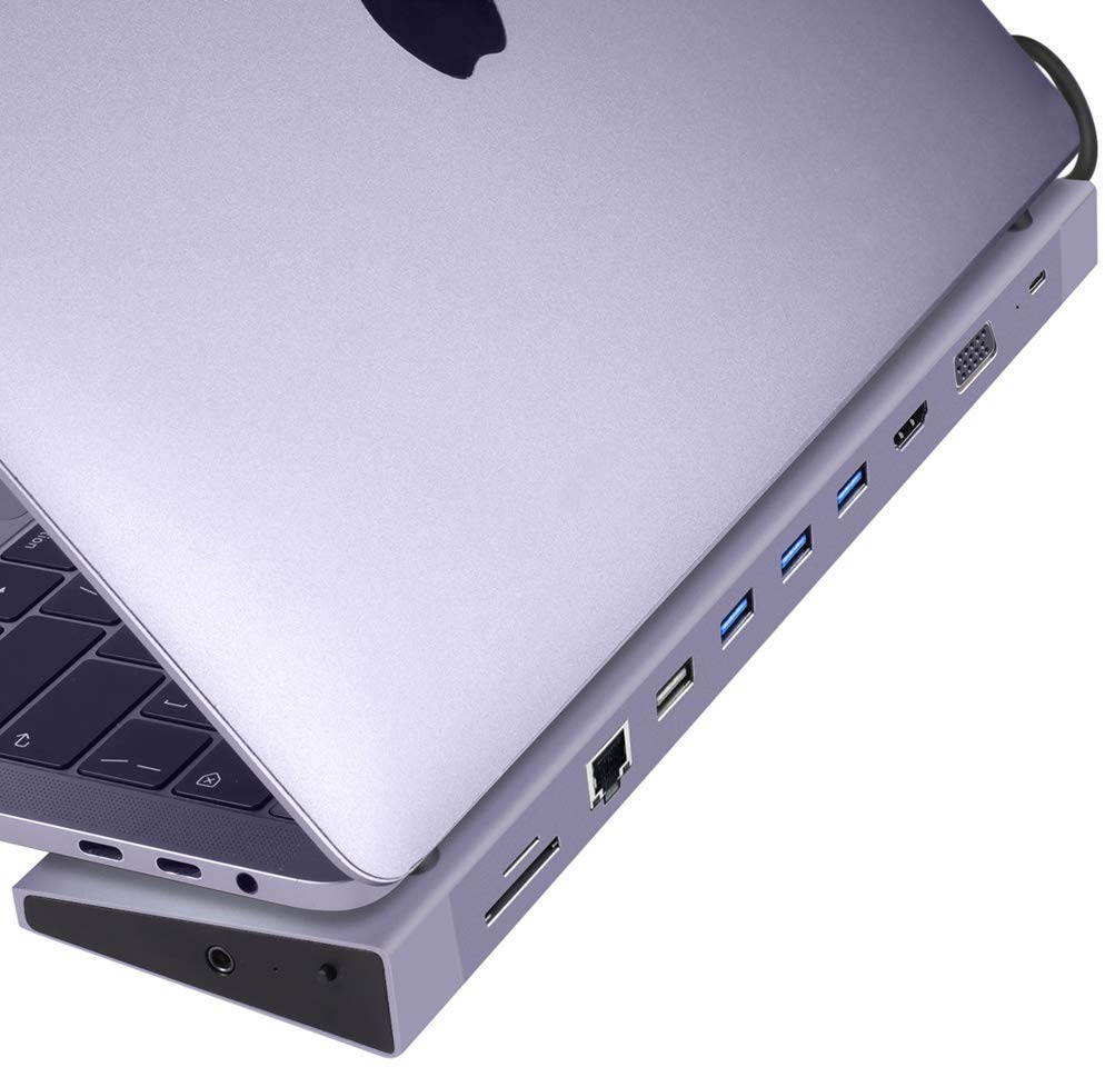 NOV8Tech USB C Hub Laptop Dock Stand 11-in-1 Ethernet 3.5mm Audio, SD/Micro SD 3X USB 3.0 1x USB 2.0 HDMI VGA & 100W PD USB C 3.1 (11in1 Dock for All USB C Devices - Space Gray)