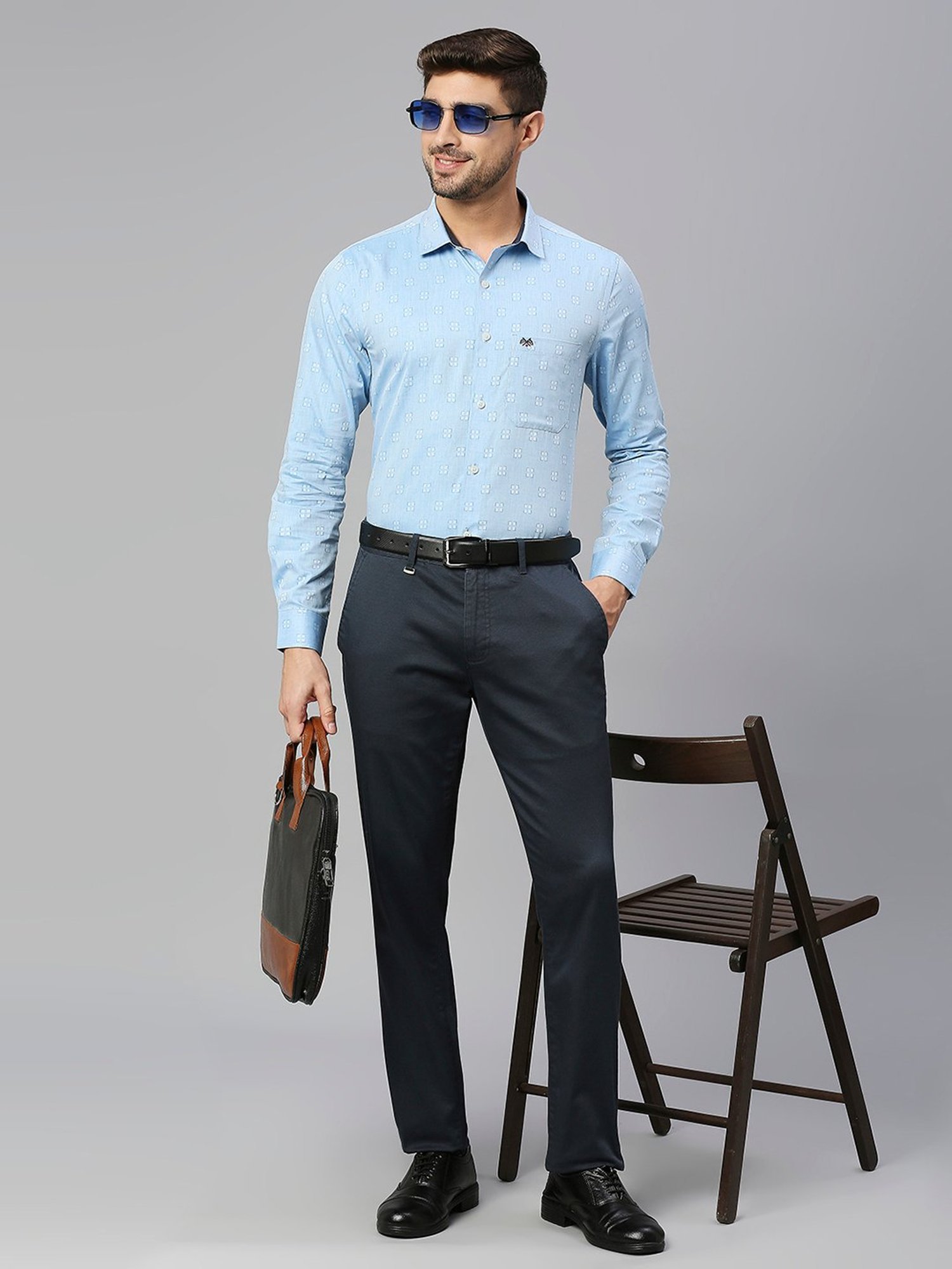 Thomas Scott Cadet Blue Slim Fit Self Design Cotton Shirt