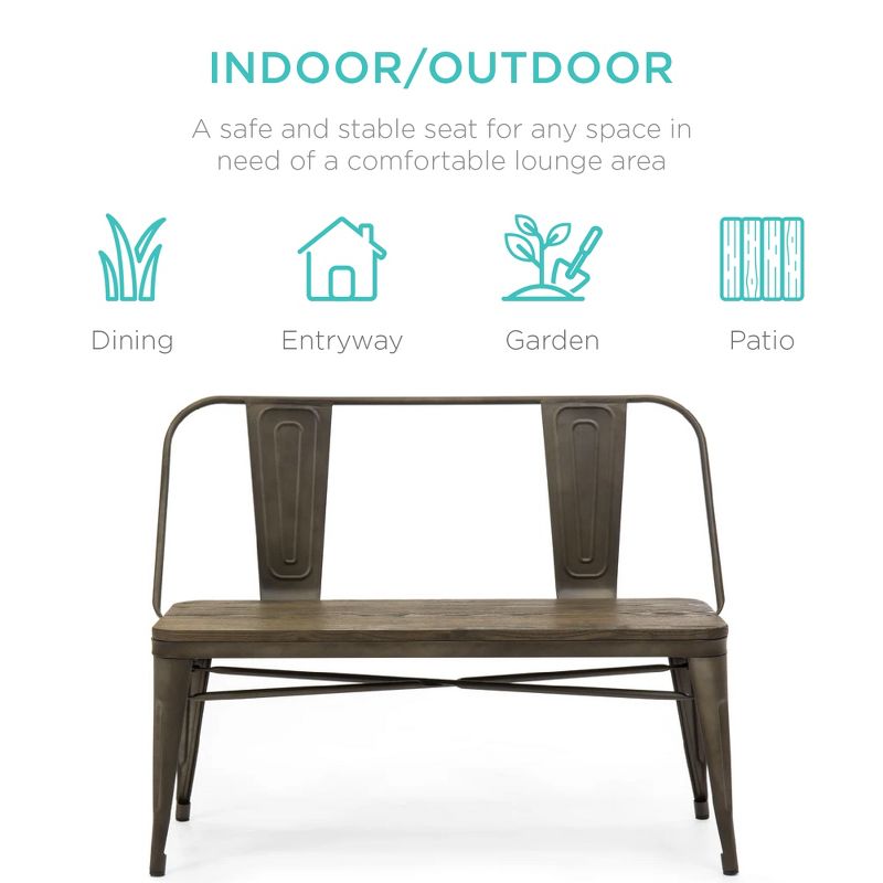 Best Choice Products 42in Industrial Metal Rustic Farmhouse Dining Bench w/ Wooden Seat, Removable Backrest - Espresso