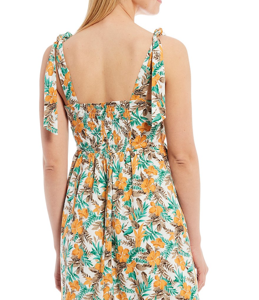 Skies Are Blue Floral Print Tie Shoulder Strap Midi Dress