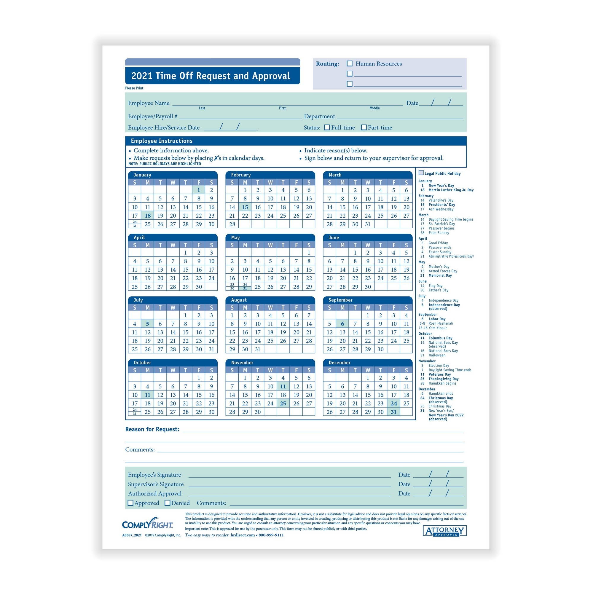 ComplyRight 2021 Time Off Request and Approval Calendar (Pack of 50)