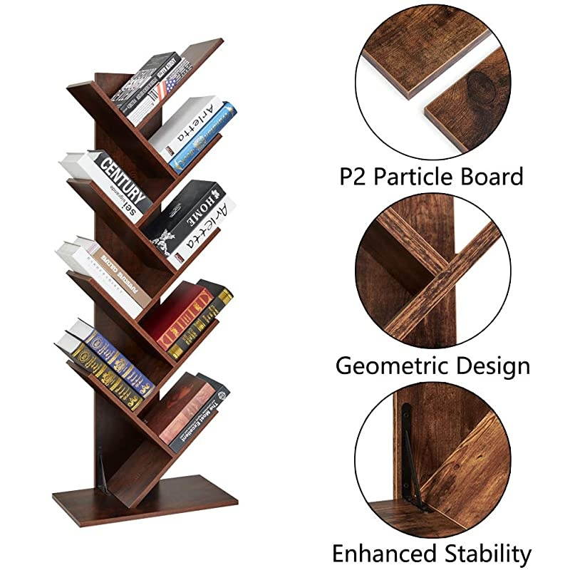 9Shelf Tree Bookshelf Floor Standing Tree Bookcase in Living RoomHomeOffice Bookshelves Storage Rack for CDsMoviesBooks Walnut Brown