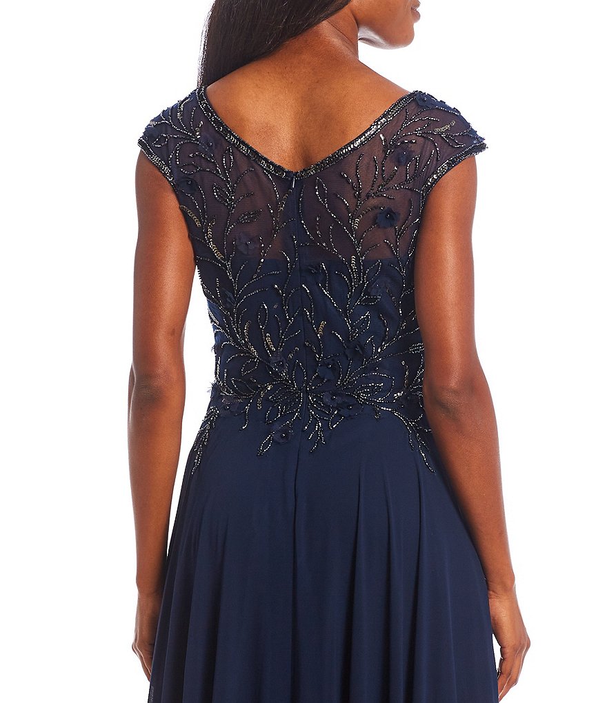 Xscape V-Neck Cap Sleeve Beaded Bodice Chiffon Gown