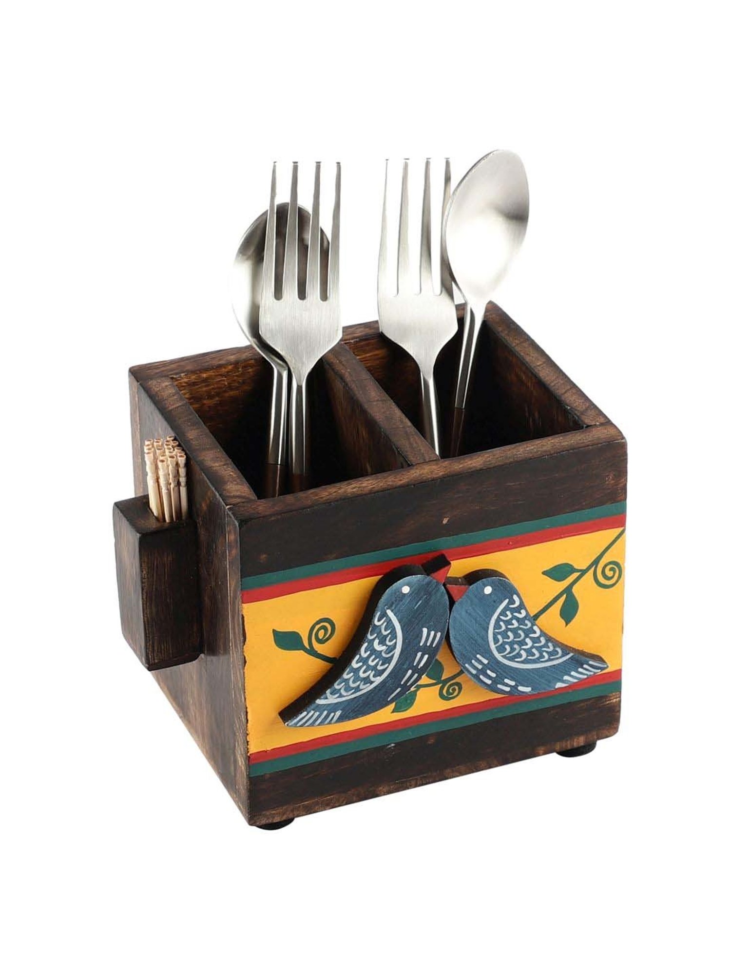 VarEesha Neel Brown & Yellow Mango Wood Cutlery Holder