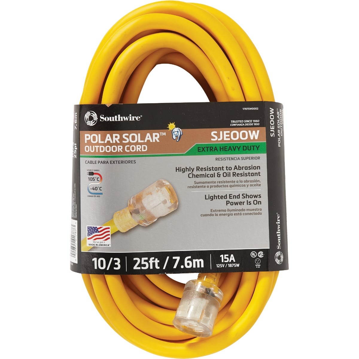 Polar/Solar 1787 10/3 15-Amp SJEO Outdoor Extension Cord with Lighted End