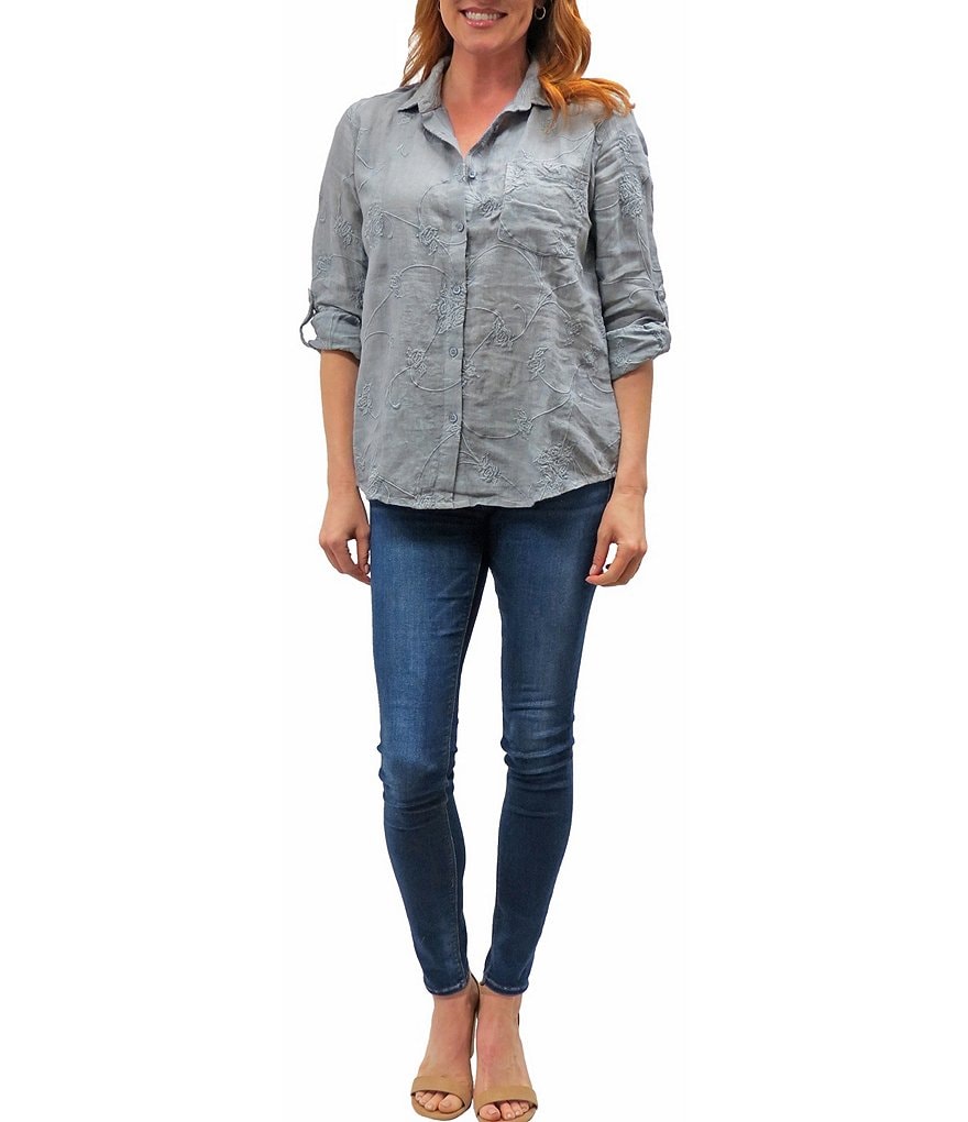 Karyn Seo Delilah All-Over Vintage Tonal Embroidered Roll-Tab Sleeve Button Down Linen Shirt