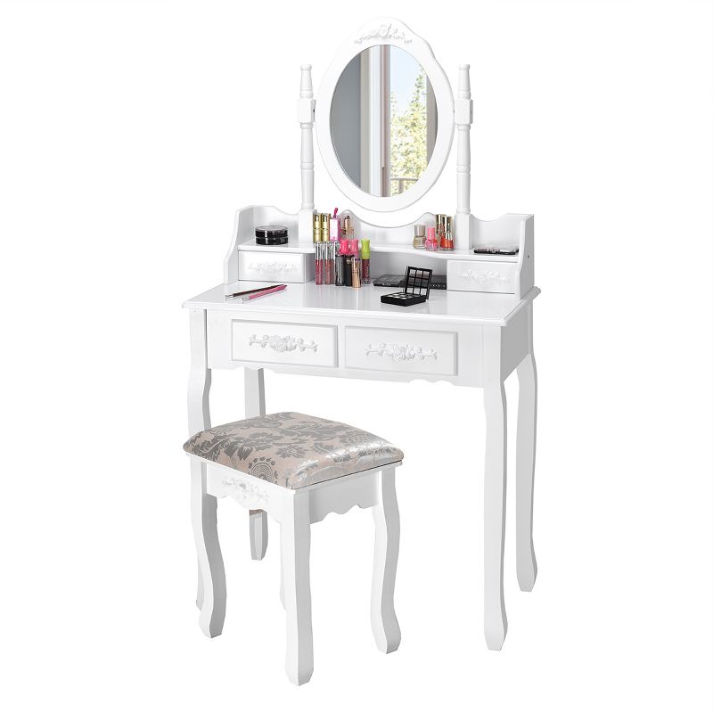 Costway Vanity Wood Makeup Dressing Table Stool Jewelry Desk 4 White