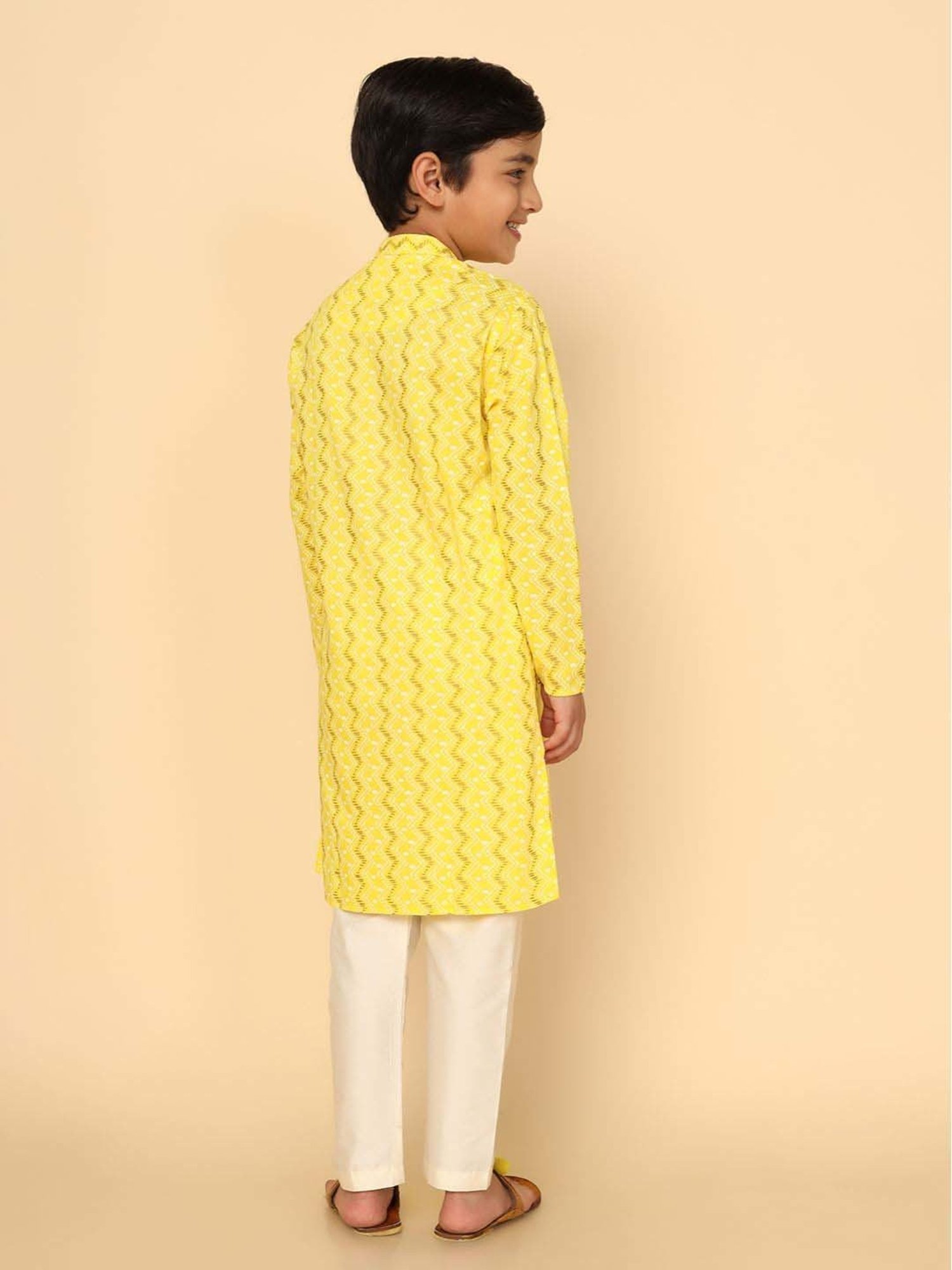 KISAH Kids Yellow Cotton Printed Full Sleeves Kurta