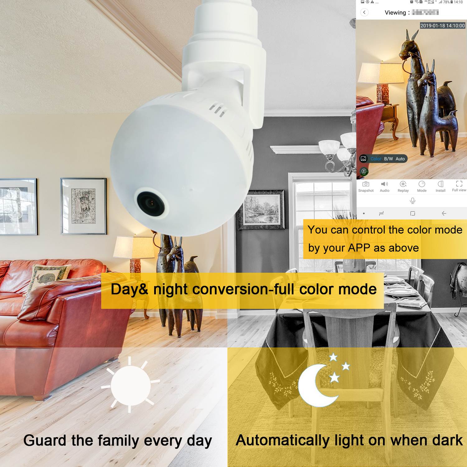 AUTENS Light Bulb Camera, 5MP HD 2.4GHz WiFi Wireles IP Cam 360 Panoramic Home Surveillance System Pet Baby Monitor E27 Bulb Fisheye Camera Motion Detection Alarm Night Vision for Android iOS