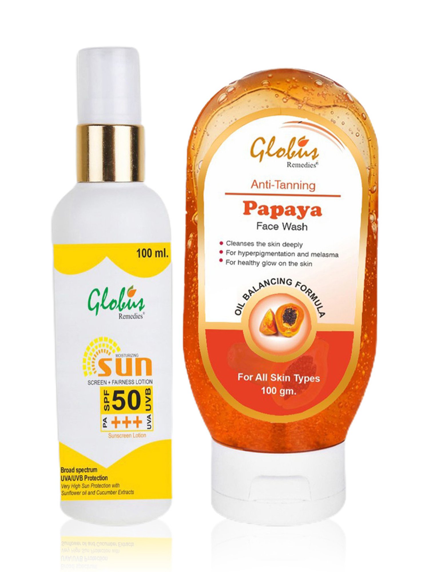 Globus Remedies Sunscreen Fairness Lotion SPF 50+++ & Papaya Face Wash Combo