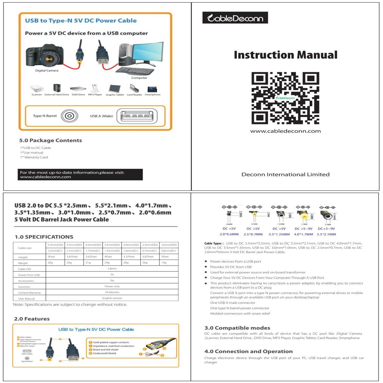 CableDeconn USB A to DC 3.5 mm/1.35 mm 5 Volt DC Barrel Jack Power Cable