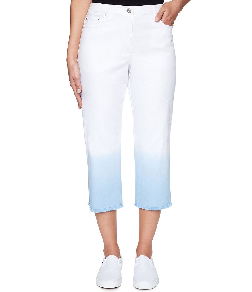 Ruby Rd. Petite Size Soft Stretch Denim Dip High Waist Dye Fringe Hem Capri Pants