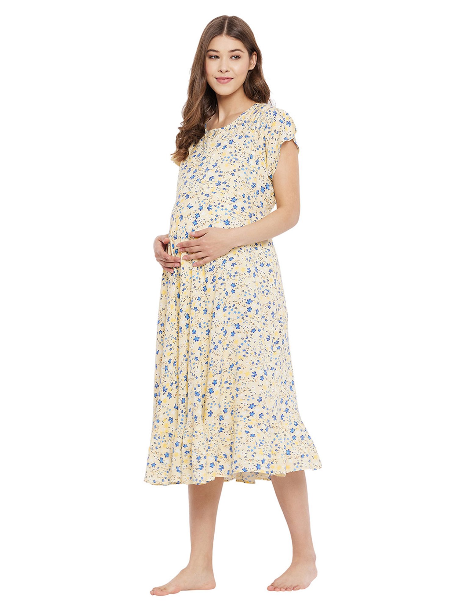 Hypernation Yellow Floral Print Maternity Night Dress