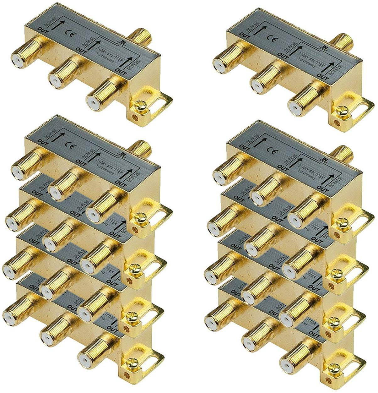 iMBAPrice 110014-10 (10-Pack) Glod Plated 2.4 Ghz 3-Way Coaxial Cable Splitter F-Type Screw for Video Satellite Splitter/VCR/Cable Splitter/TV Splitter/Antenna Splitter/RG6 Splitter