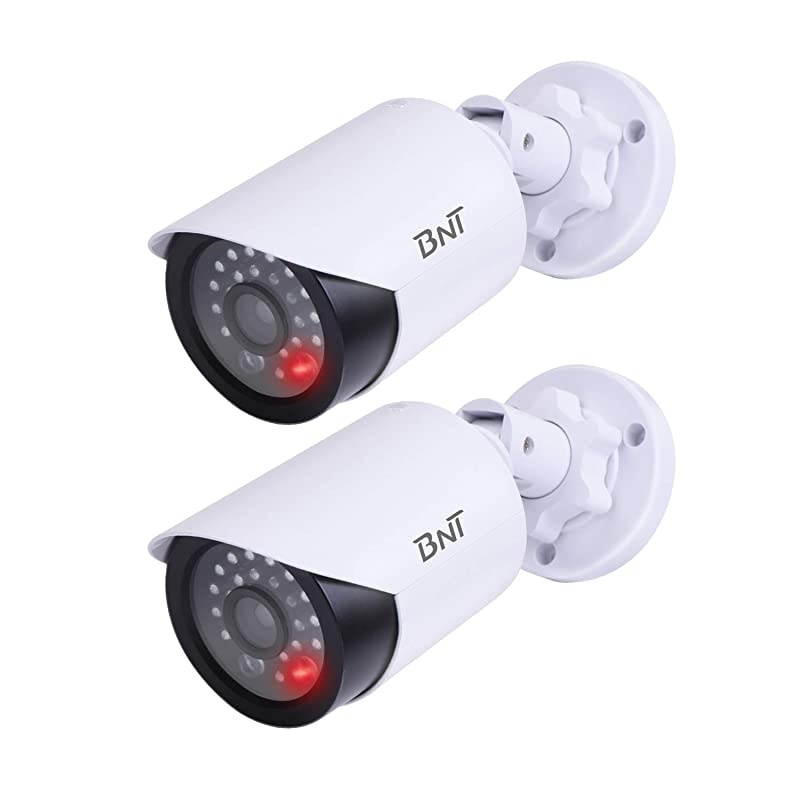 Dummy Fake Security Camera with One Red LED Light at Night for Home and Businesses Security IndoorOutdoor 2 Pack White