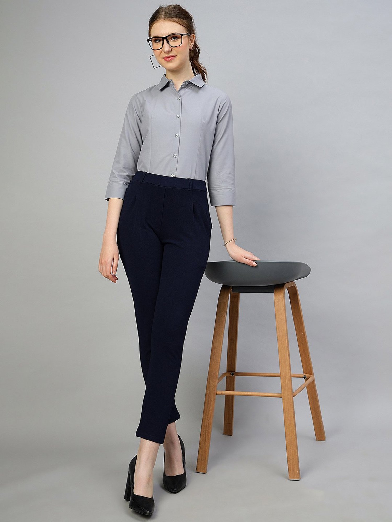 FITHUB Navy Slim Fit High Rise Trousers