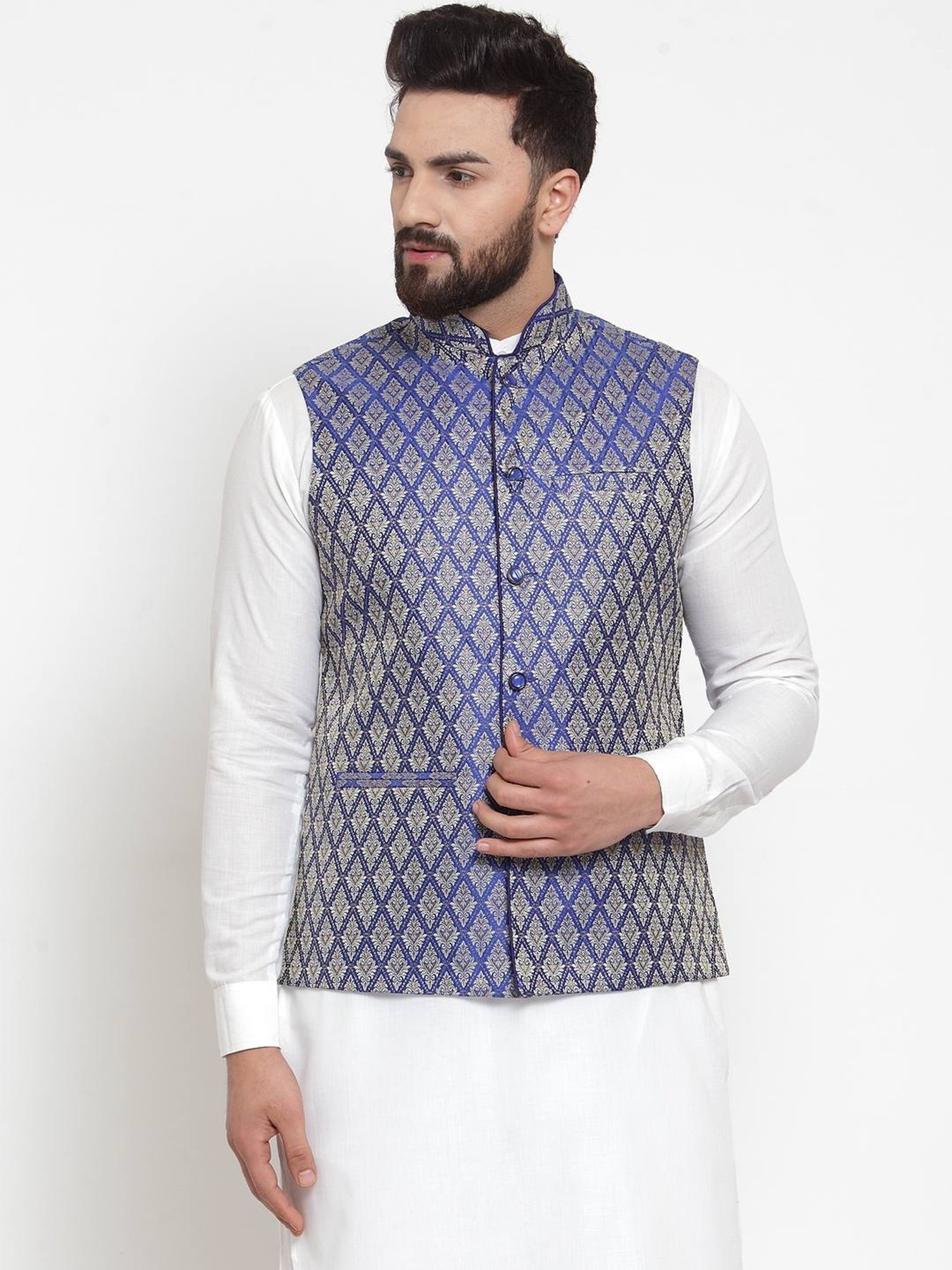 Treemoda Royal Blue Regular Fit Self Pattern Nehru Jacket
