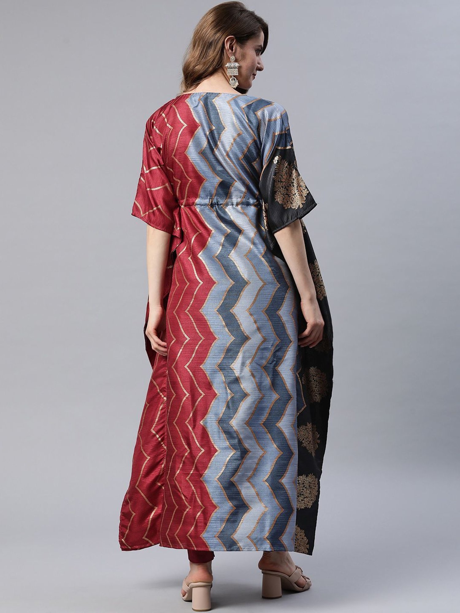 Cottinfab Grey & Maroon Printed Kaftan Kurta