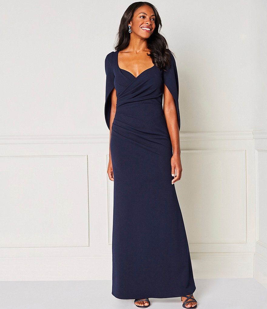Betsy & Adam Sweetheart Neck Cowl Back Short Drape Sleeve Scuba Crepe Gown