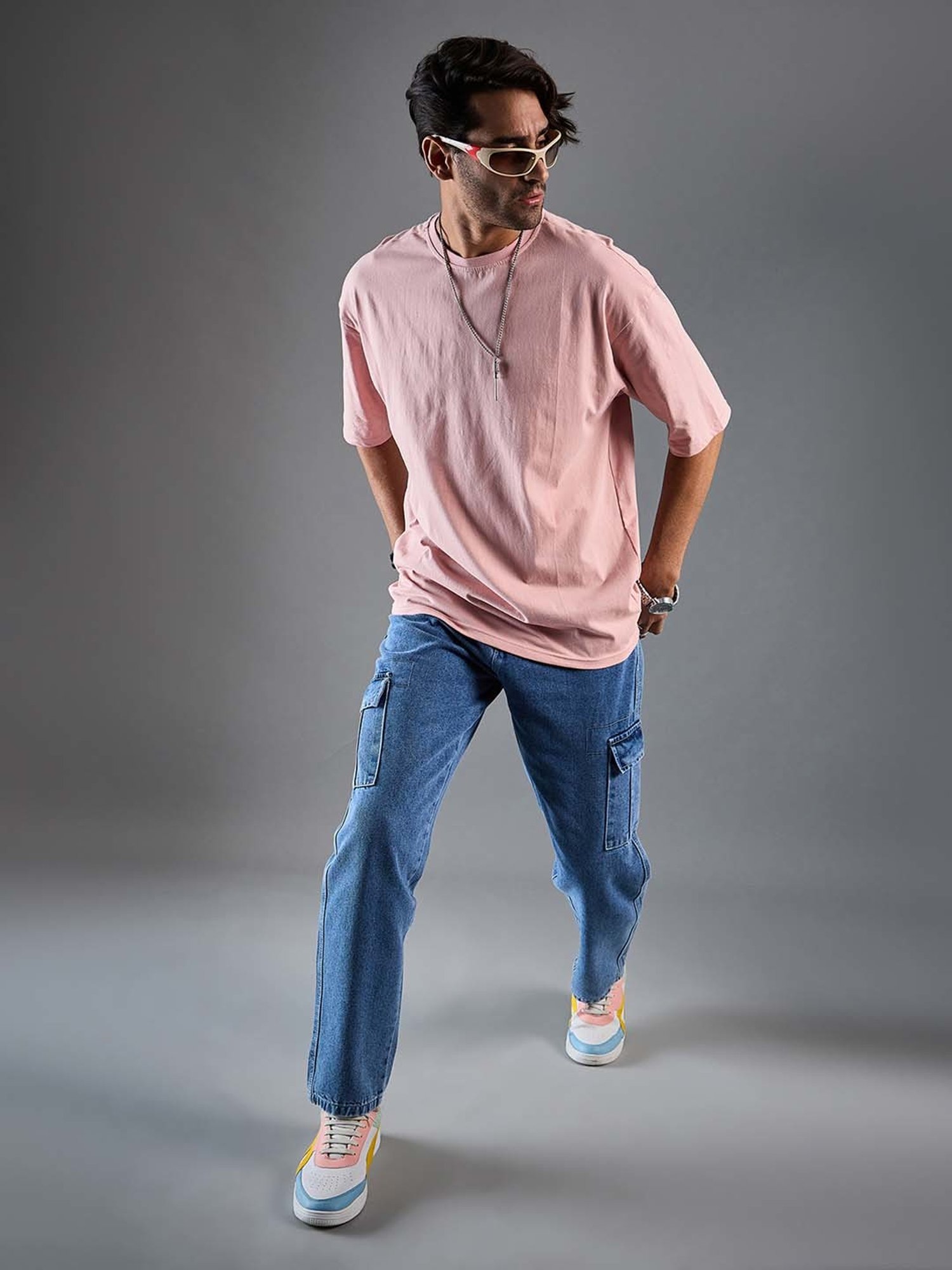 CHIMPAAANZEE Light Pink Loose Fit Oversized Crew T-Shirt