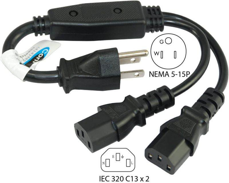 Conntek 05215 Y-Cable 6 inch + 8-Inch 1 to 2 Outlet Y Power Equalizer 5-15P to 2 C13 Computer/Monitor/Projector Power Cord