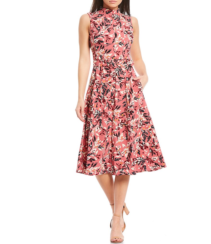Maggy London Mock Neck Floral Print Crepe Satin Back Midi Dress