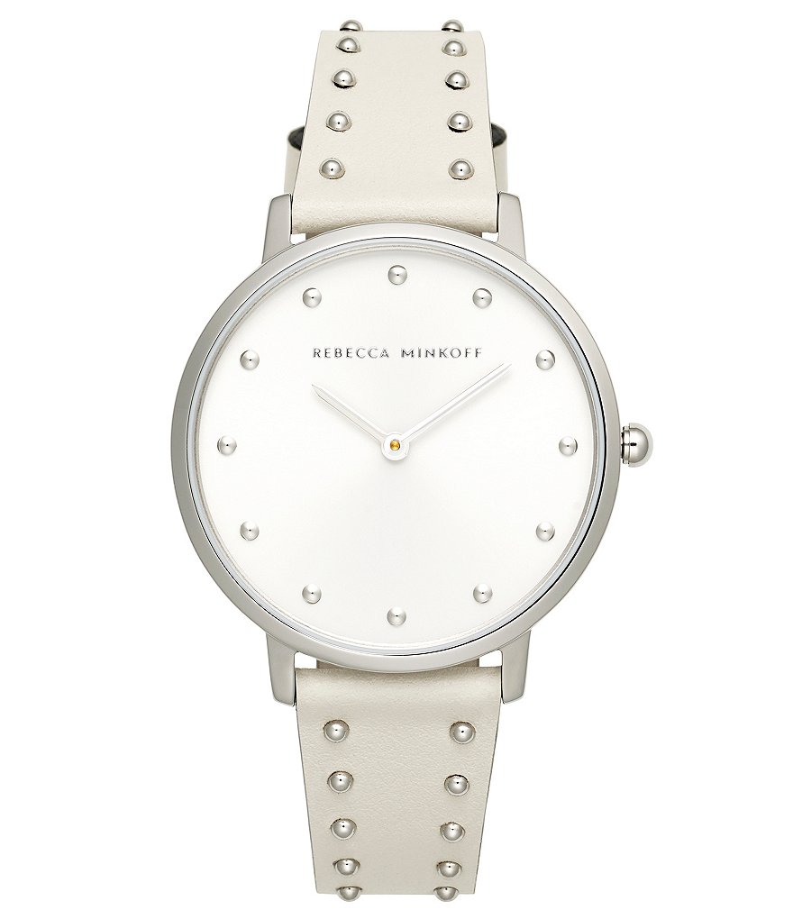 REBECCA MINKOFF Major Silver Tone White Stud Strap Watch
