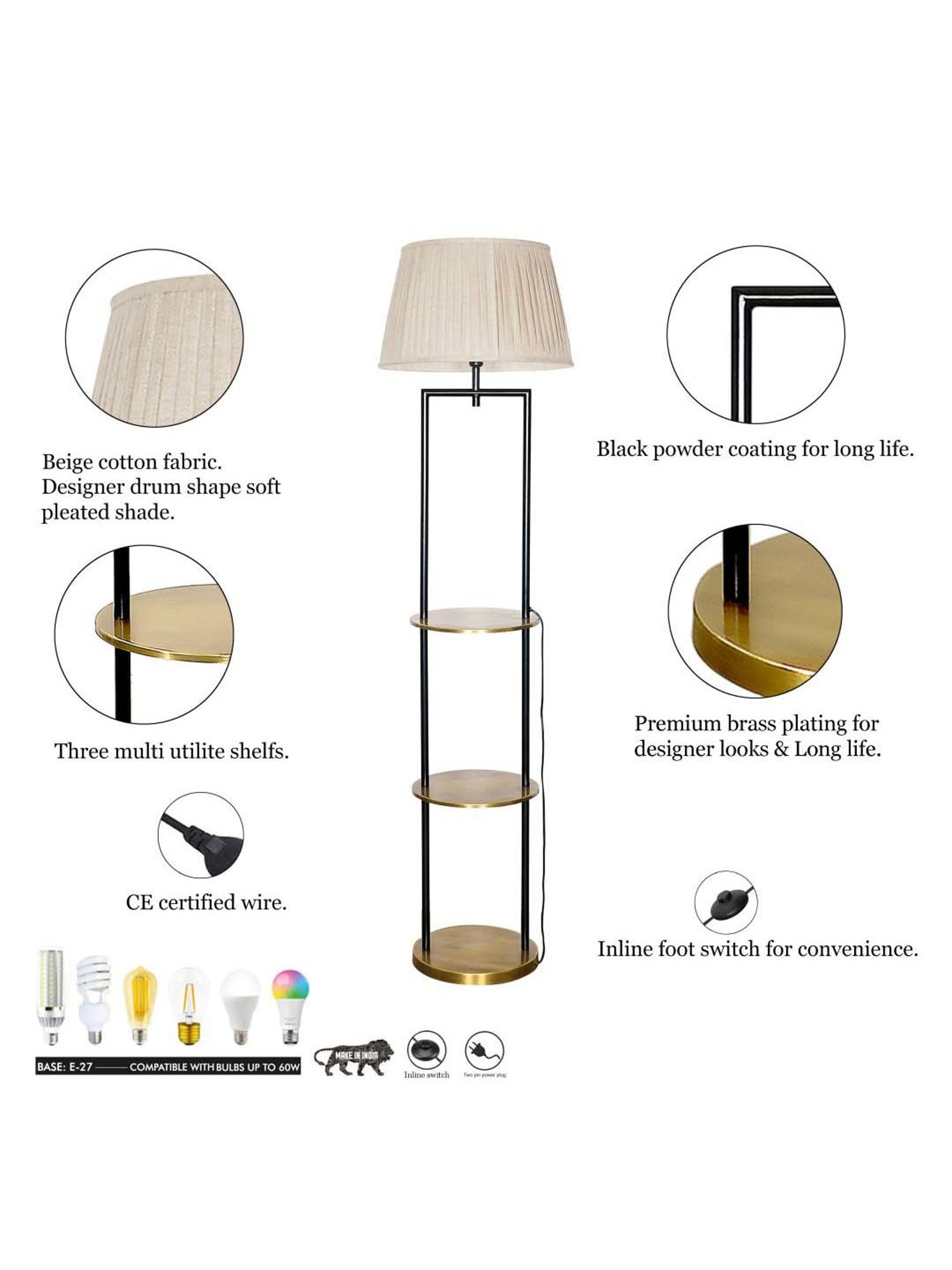 Kapoor E Illuminations Gallow Brass & Black Metal Multiutility Shelf Floor Lamp