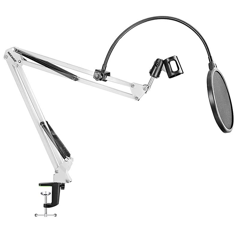 Desktop Microphone Suspension Boom Scissor Arm Stand with Microphone Clip Holder Table Mounting Clamp and Pop Filter Windscreen Mask Shield Kit for Studio BroadcastingSingingRecordingWhite