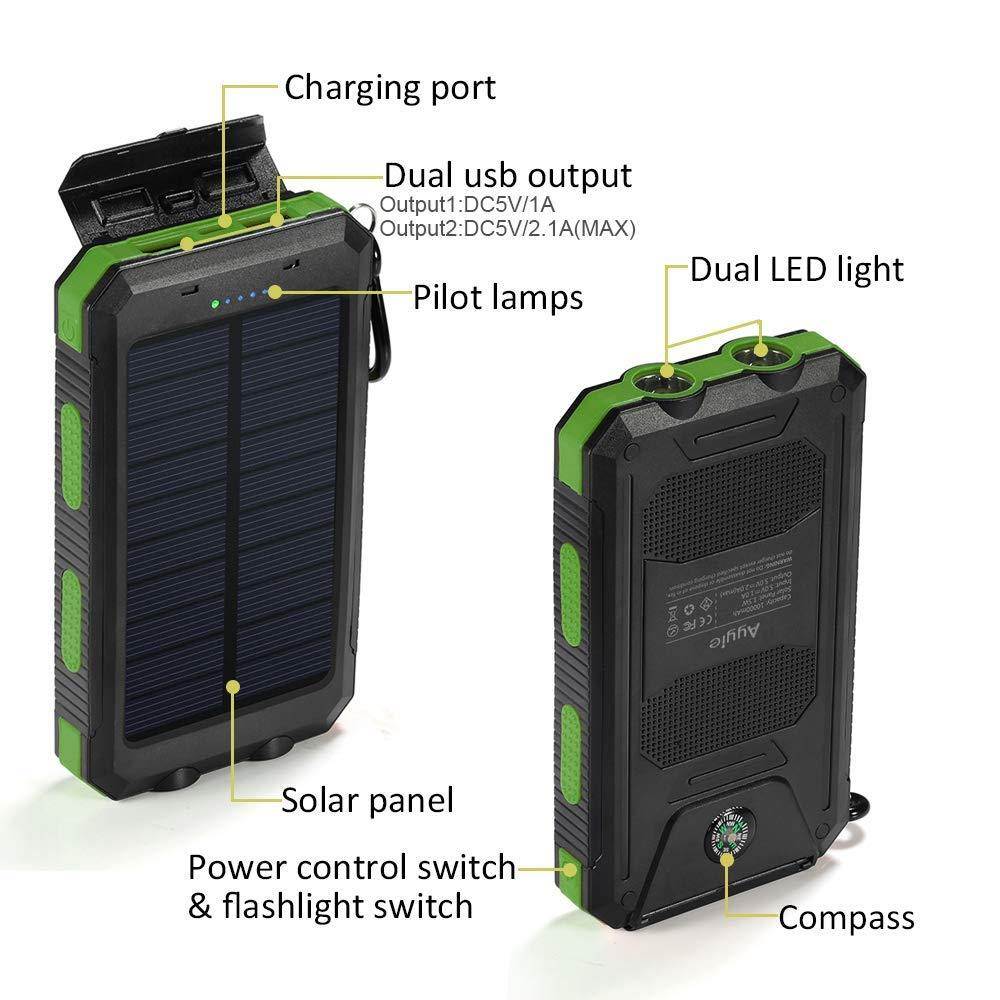 Solar Charger,8000mAh Solar Power Bank Portable External Backup Battery Pack Dual USB Solar Phone Charger with 2LED Light Carabiner and Compass for Smartphones