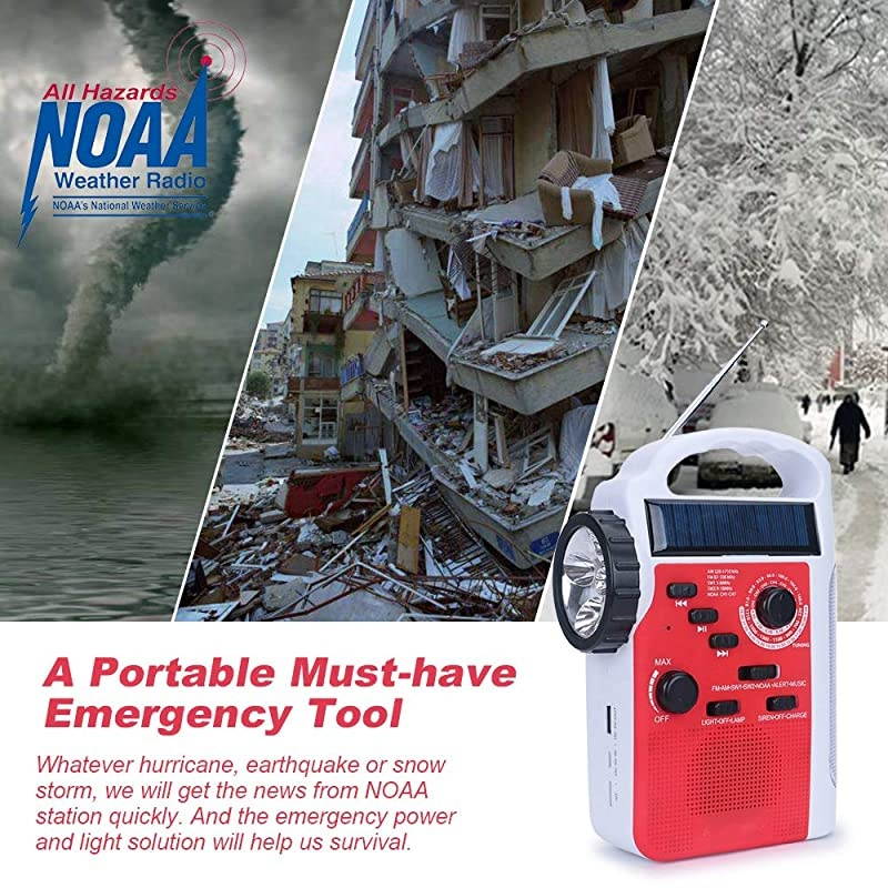 Portable Solar Emergency Weather Radio Hand Crank AM/FM NOAA Survival Radios with LED Flashlight 1000mAh Power Bank for Smart Phone for Home Outdoor Camping Traveling Earthquake (083)