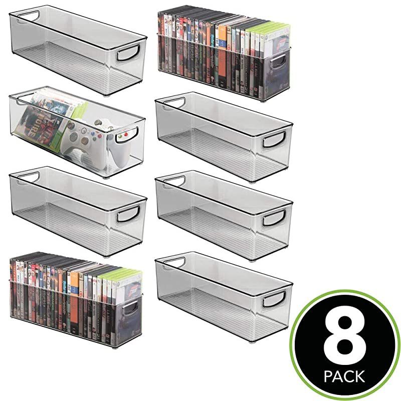 Plastic Stackable Household Storage Organizer Container Bin with Handles - for Media Consoles, Closets, Cabinets - Holds DVD's, Video Games, Gaming Accessories, Head Sets - 8 Pack - Smoke Gray