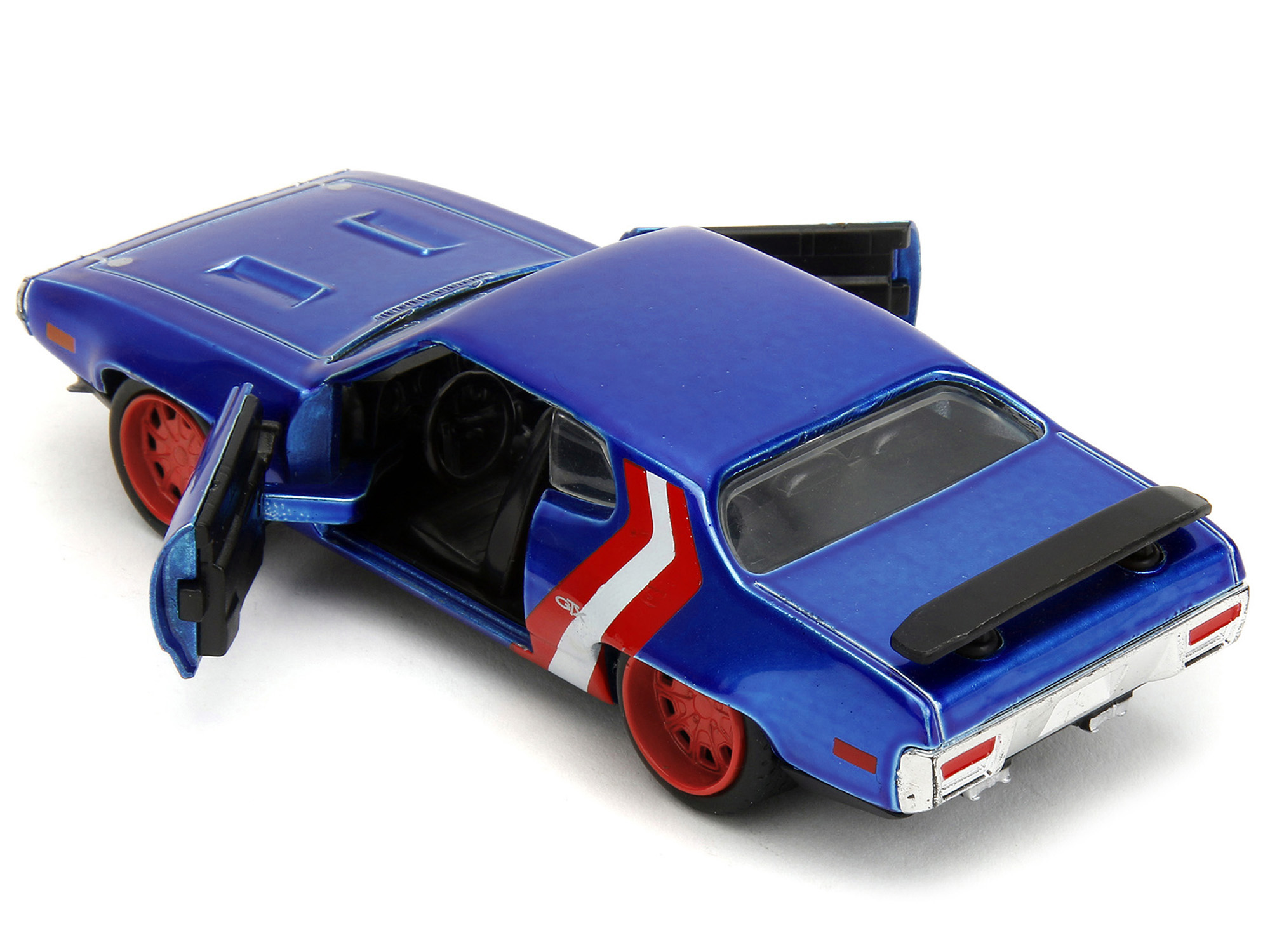 1972 Plymouth GTX Candy Blue with Red and White Stripes and Captain America Diecast Figure "The Avengers" "Hollywood Rides" Series 1/32 Diecast Model Car by Jada