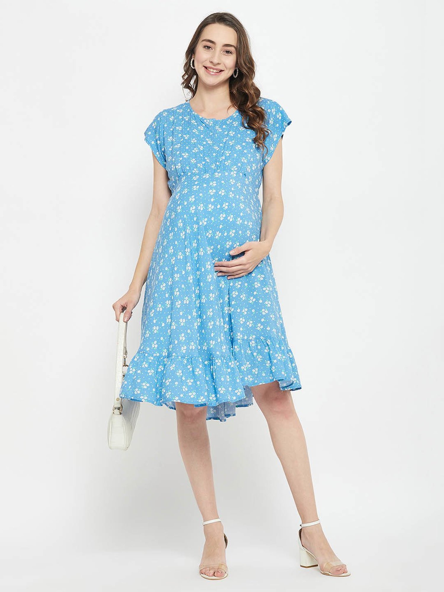 Hypernation Blue Rayon Floral Print Maternity Dress