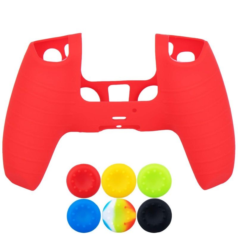 1 Piece of Silicone Protective Cover Skin + 6 Thumb Grips & Dust Proof Plugs for Playstation 5 / PS5 / Dualsense Controller Red