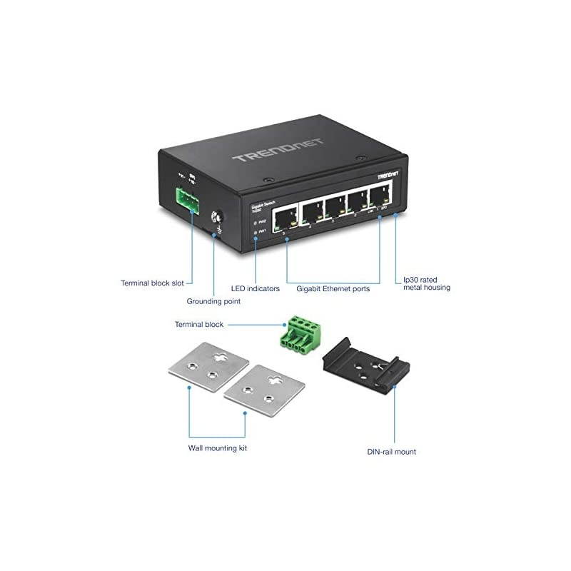 5-Port Hardened Industrial Gigabit DIN-Rail Switch, 10 Gbps Switching Capacity, IP30 Rated Network Switch (-40 to 167 &ordm;F), DIN-Rail and Wall Mounts Included, Lifetime Protection,Black,TI-G50