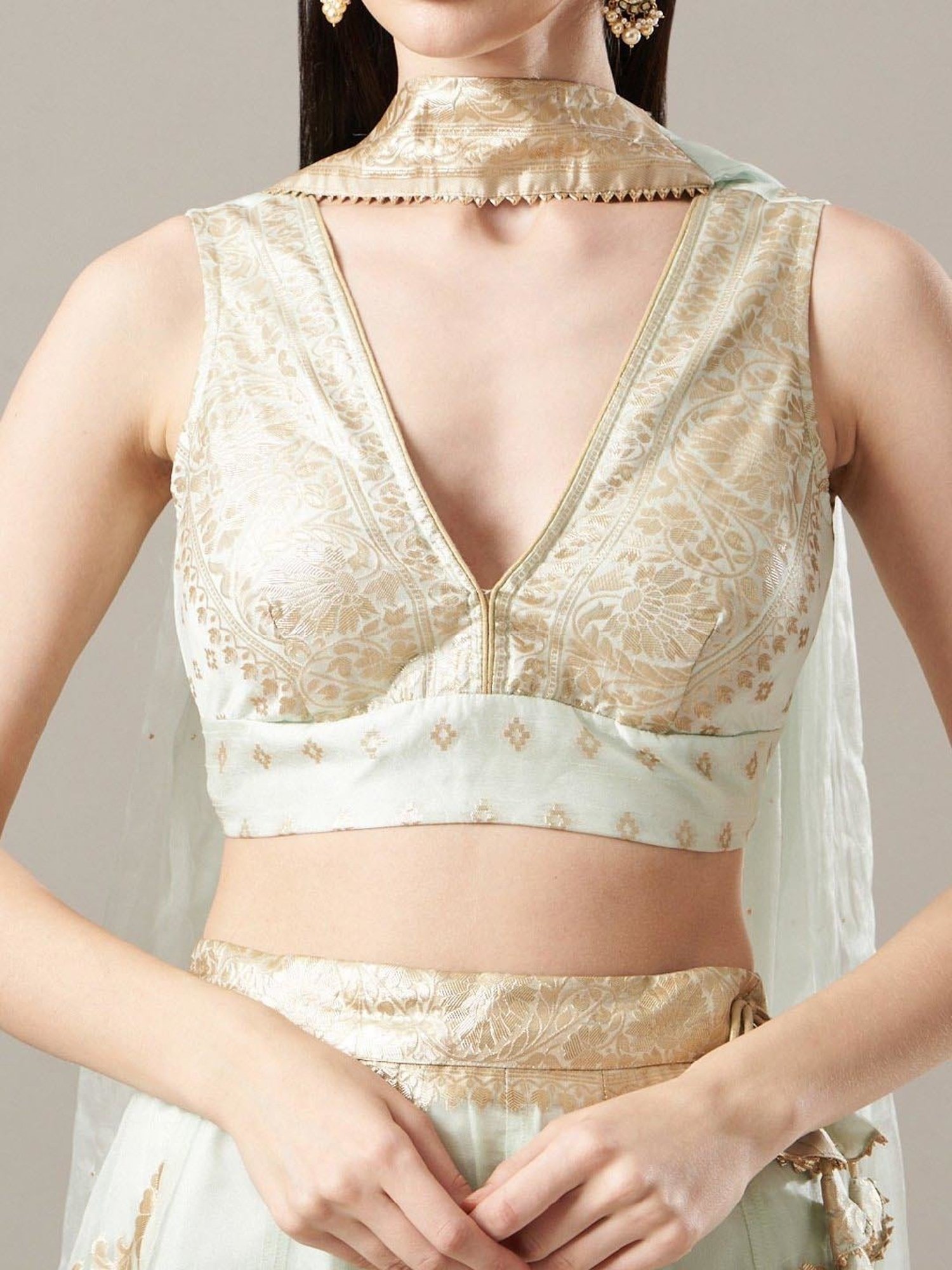 Geroo Jaipur Light Green Organza Banarasi Lehenga Set with Mukaish Dupatta